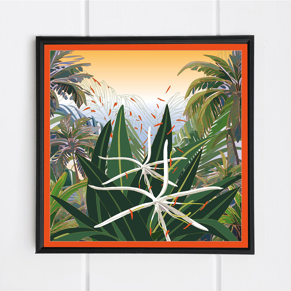 Spider Lily est une composition coloré sur fond de jungle avec un Lys Araigné en 1er plan, carré