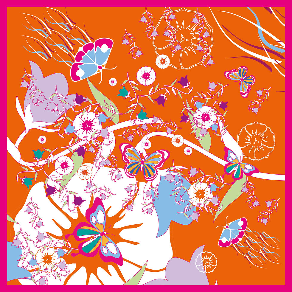 Songe est une composition chatoyante pour foulard carré orange moderne luxueux autour d'une fleur blanche.