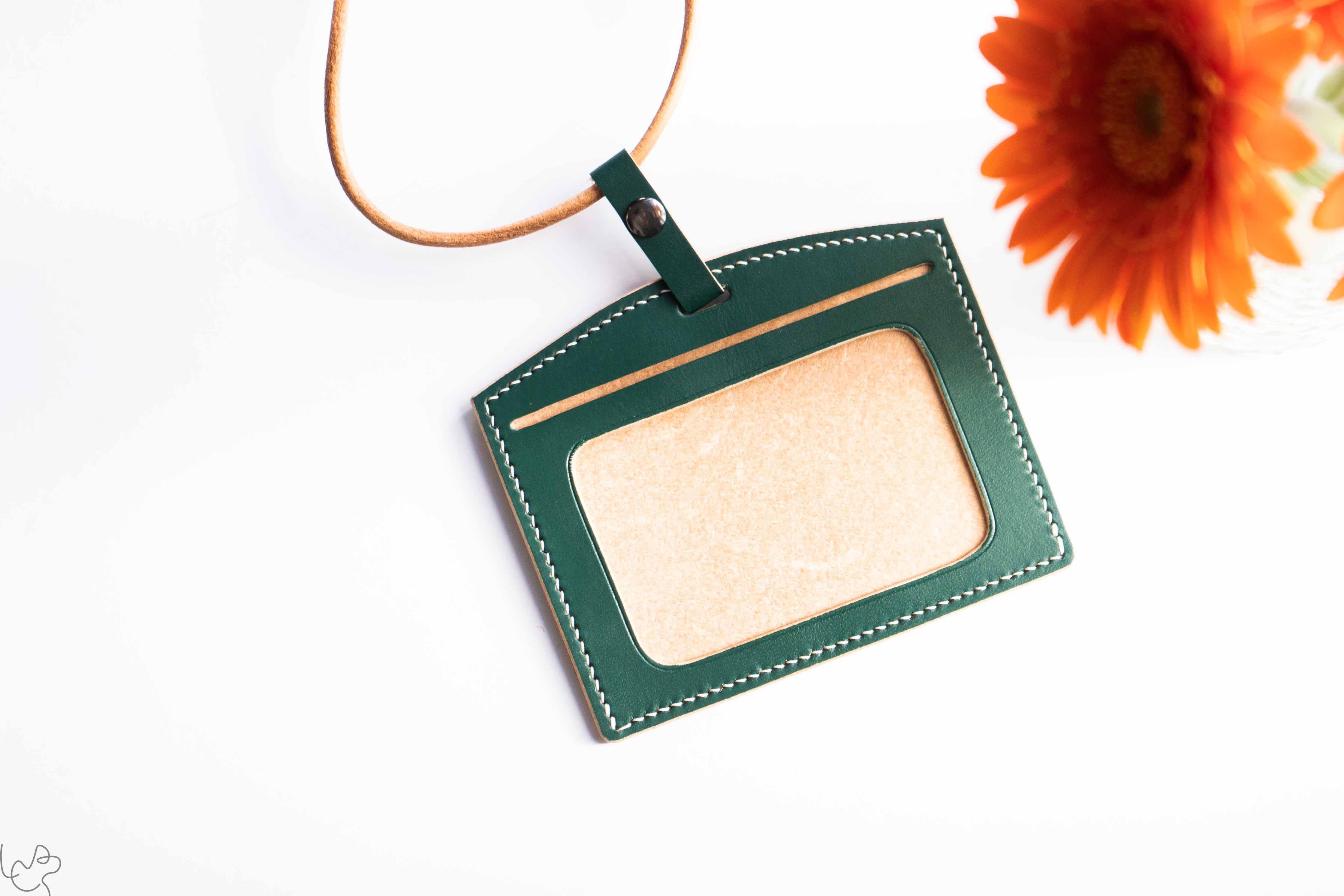 No.A09 - Handmade Full Grain Vegetable Tanned Green ID Leather Card Holder