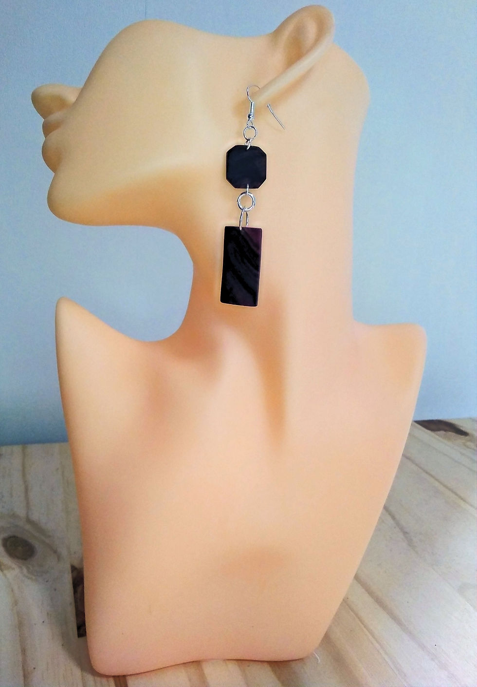 Miniature : boucles d'oreilles rectangle et carré noir et bordeaux