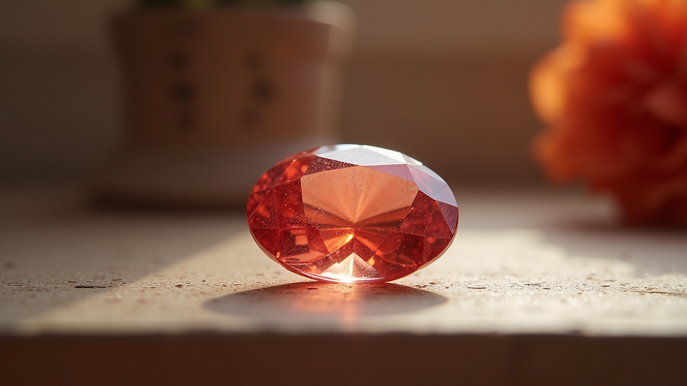 Eye-level view of padparadscha gemstone on display