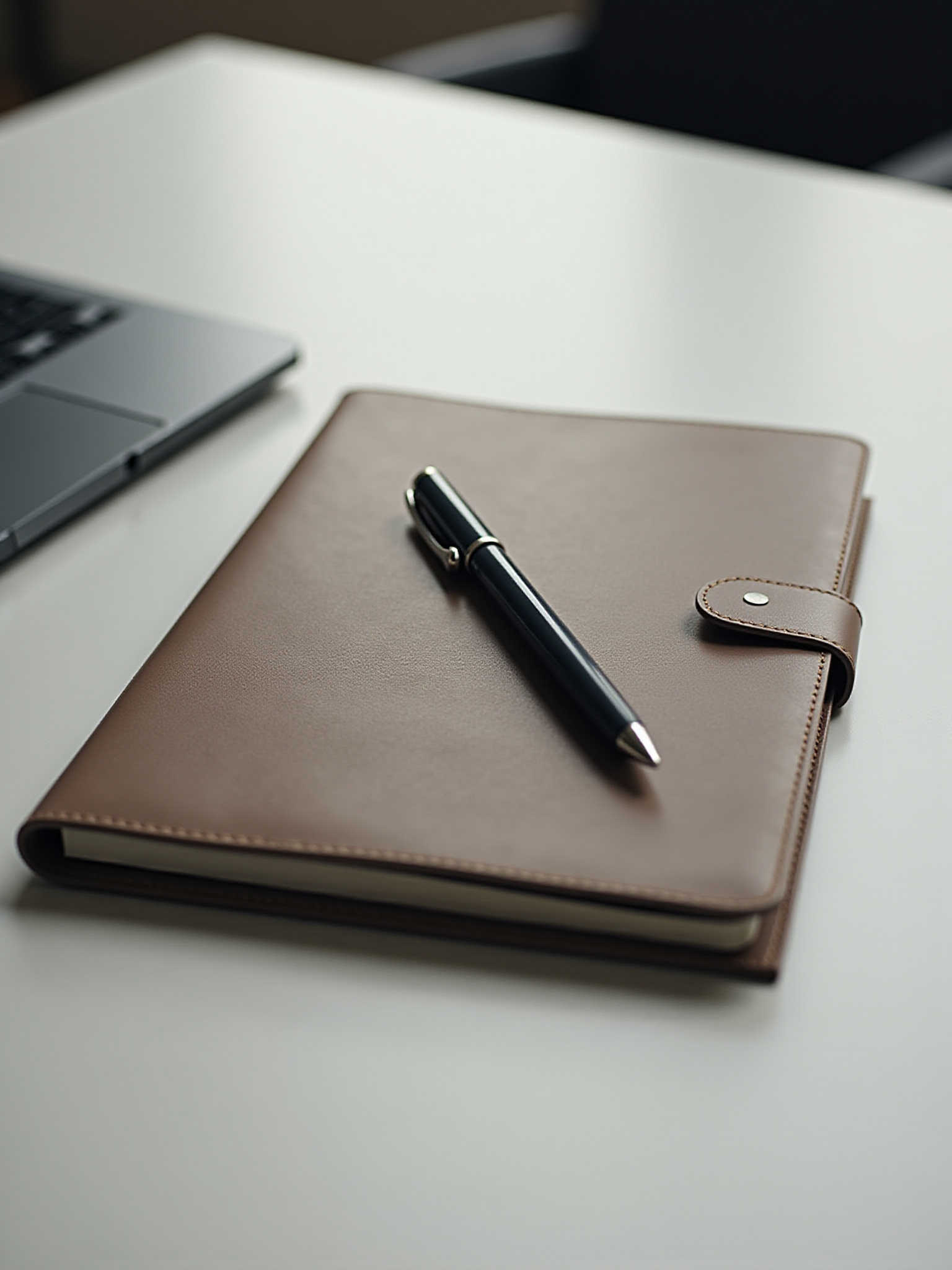 Caderno de couro marrom com caneta sobre mesa, perto de laptop