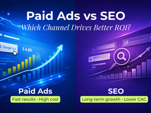 Paid ads vs SEO comparison visual with PPC growth charts and organic search analytics representing digital marketing ROI