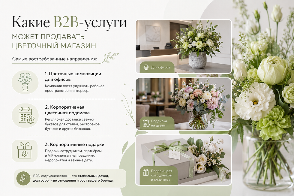 Инфографика о B2B-услугах цветочного магазина: цветочные композиции для офисов, корпоративная цветочная подписка для отелей, ресторанов и бутиков, а также подарки для сотрудников, партнёров и VIP-клиентов.