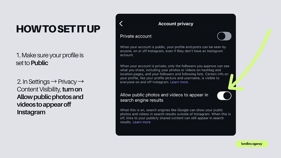 Screenshot of Instagram privacy settings showing how to allow public photos and videos to appear on Google.