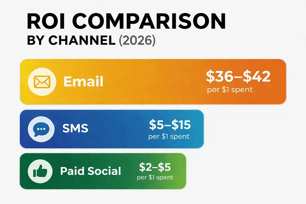 Гистограмма, сравнивающая рентабельность инвестиций в email-маркетинг (36–42 доллара за доллар) с показателями SMS-маркетинга и платной рекламы в социальных сетях для американских компаний в 2026 году.