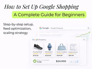 Cover banner showing a Google Shopping interface mockup on a clean white background with product cards displaying images, prices, star ratings, and a Return on Ad Spend metric, representing performance-driven Google Shopping strategy for eCommerce brands.
