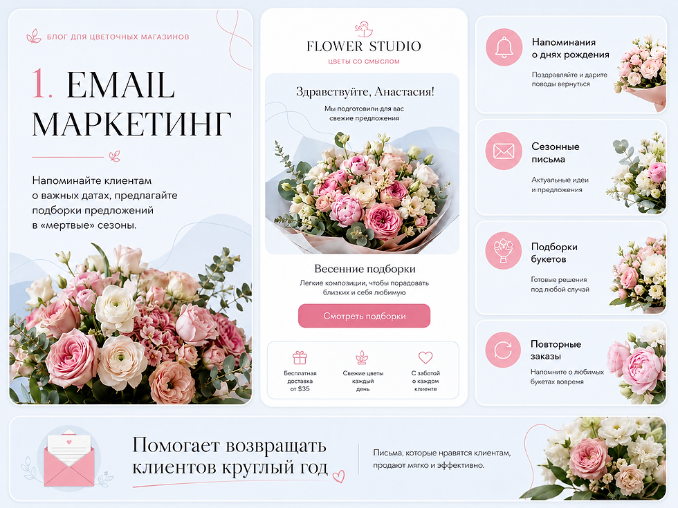 Инфографика о email маркетинге для цветочных магазинов: напоминания о важных датах, сезонные письма, подборки букетов и повторные заказы на фоне нежных цветочных композиций.