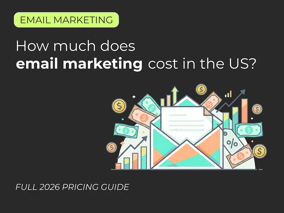 Illustration showing email marketing cost concept with envelope, dollar signs, and pricing charts for US businesses in 2026