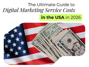 Digital marketing costs in the USA with SEO, PPC, social media, email marketing and growth strategy illustration