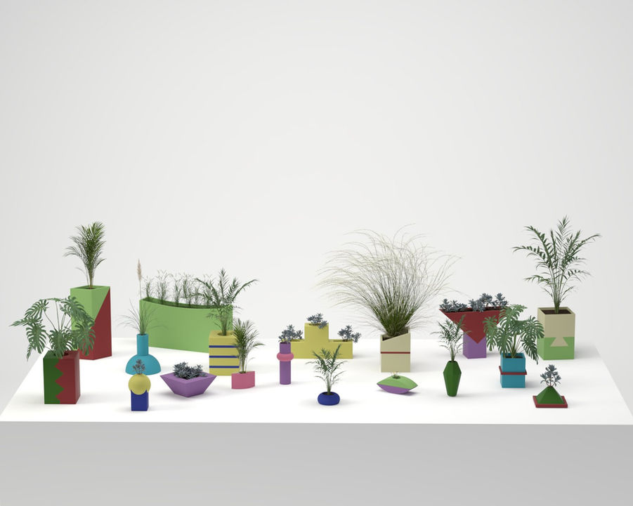 a colourful group of plant pots made of ceramic or concrete