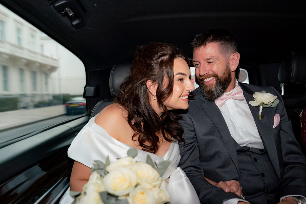 A bride and groom in a black cab london wedding 