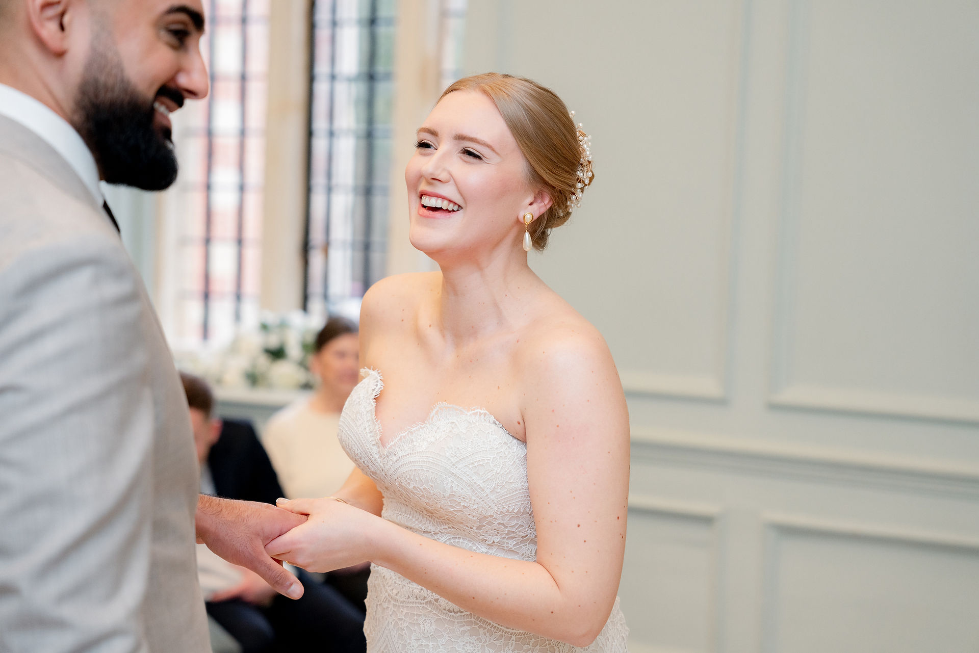 Bride laughs at Shaw House Newbury