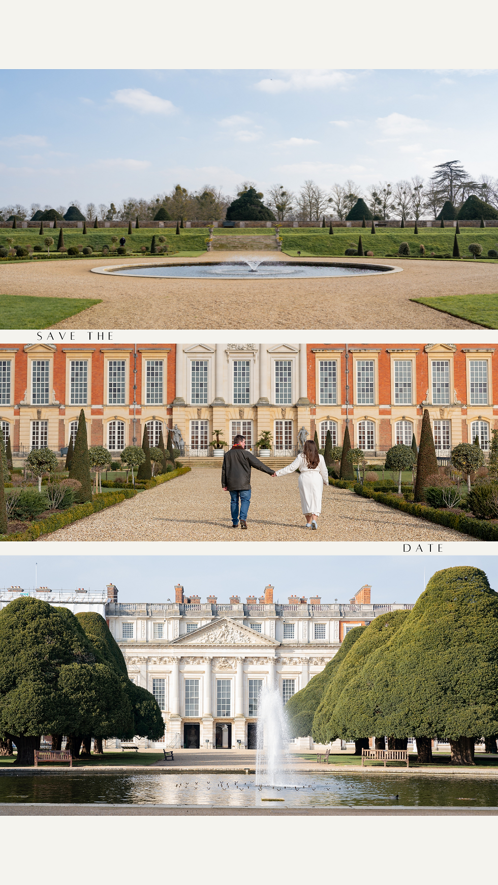 Garden with fountain, couple holding hands in front of historic building. Text: Save the Date. Lush greenery, clear sky. Romantic mood.
