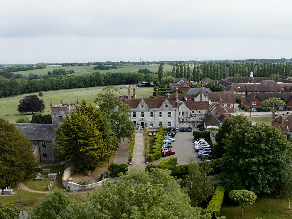 Aerial view of a quiet rural village with red-roofed buildings, a manor, parked cars, and green fields under a cloudy sky.