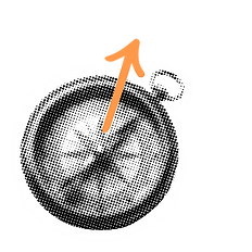 halftone compass with an orange arrow