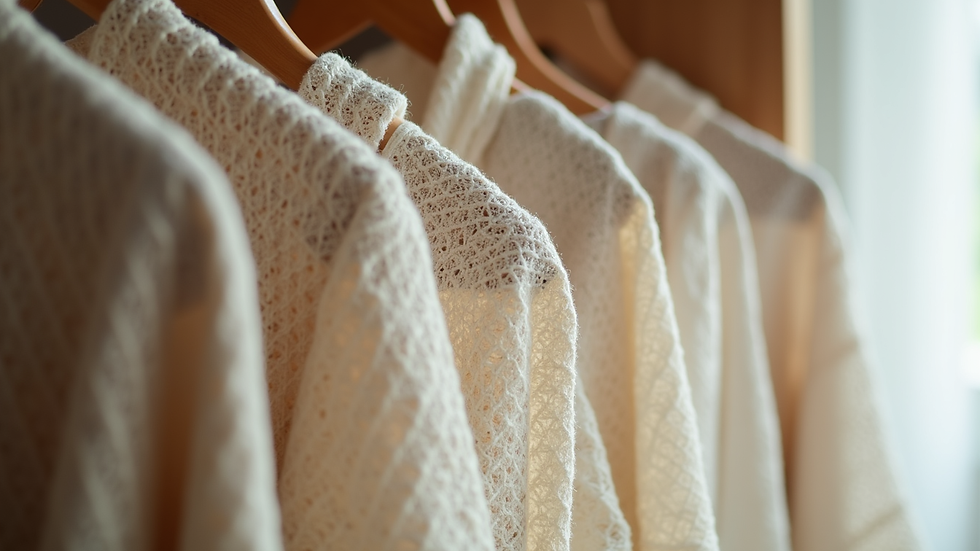 Eye-level view of a handwoven cotton dress hanging on a wooden rack