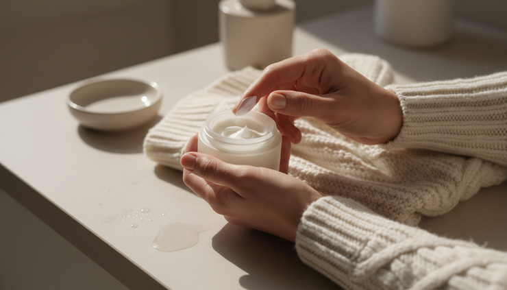 Close-up view of moisturized hands holding a cream jar beside a soft winter sweater
