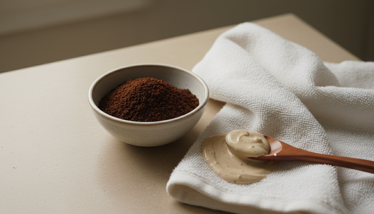 Close-up view of coffee grounds beside a small bowl of face mask cream