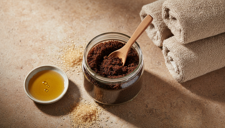 Top-down view of a coffee body scrub in a glass jar with a wooden spoon