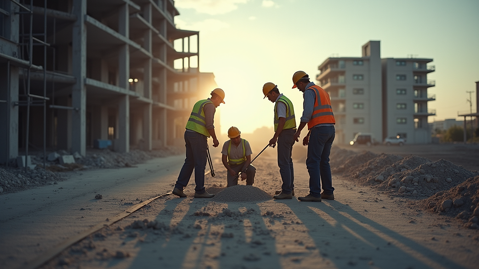 Eye-level view of a construction site with workers collaborating