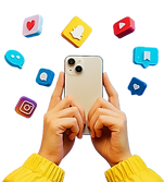 hand holding phone with social icons floating