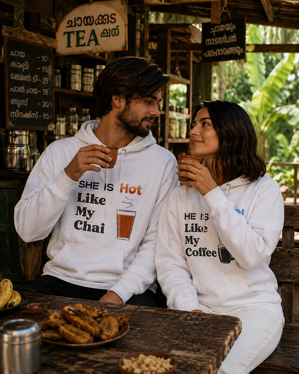Thumbnail: She Is Hot, He Is Cool – Matching Coffee & Chai Hoodies