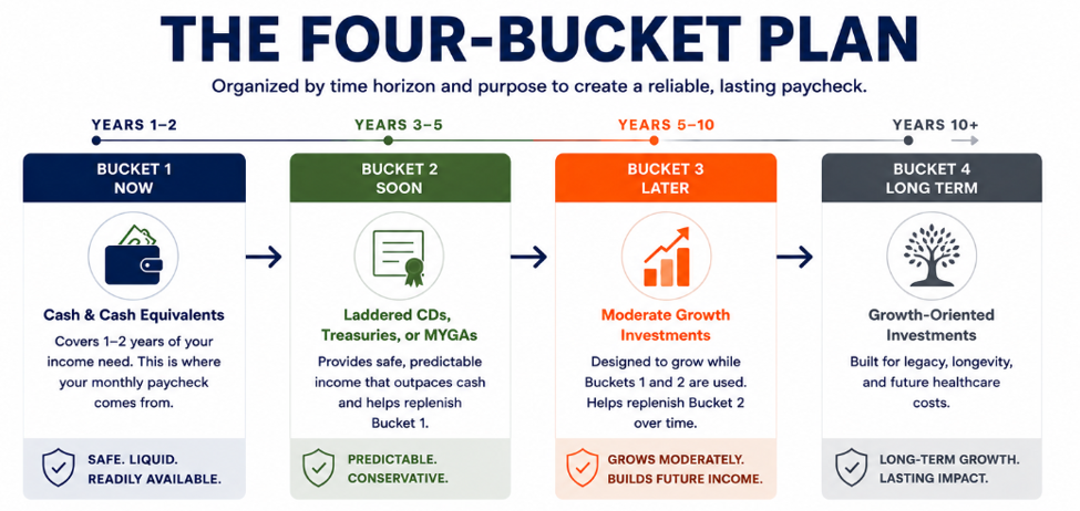 Infographic titled THE FOUR-BUCKET PLAN shows four color-coded investment buckets from now to long term with arrows and year ranges.