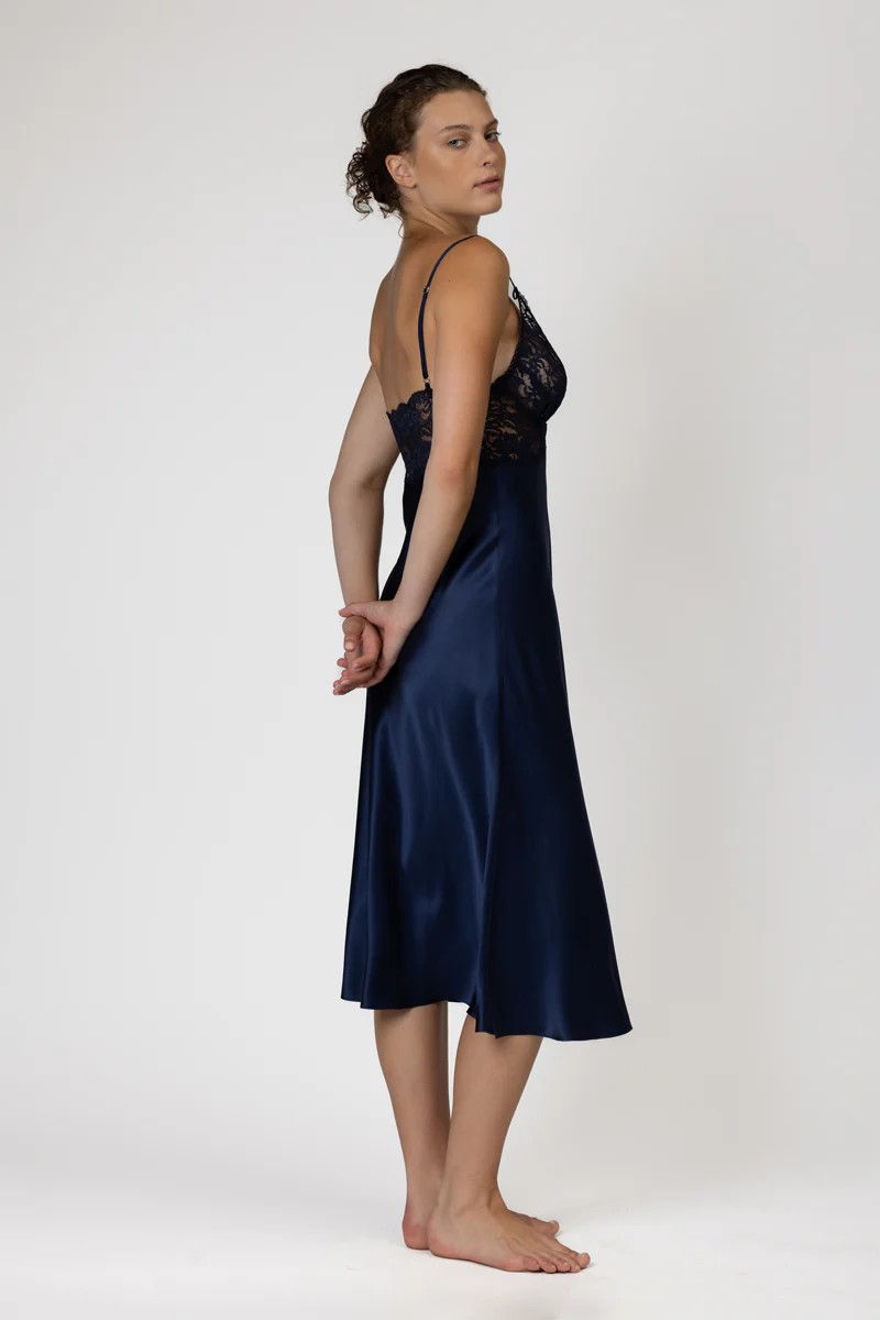Thumbnail: Christine Bijou Lace Cup Midi Silk Chemise in Midnight Side View