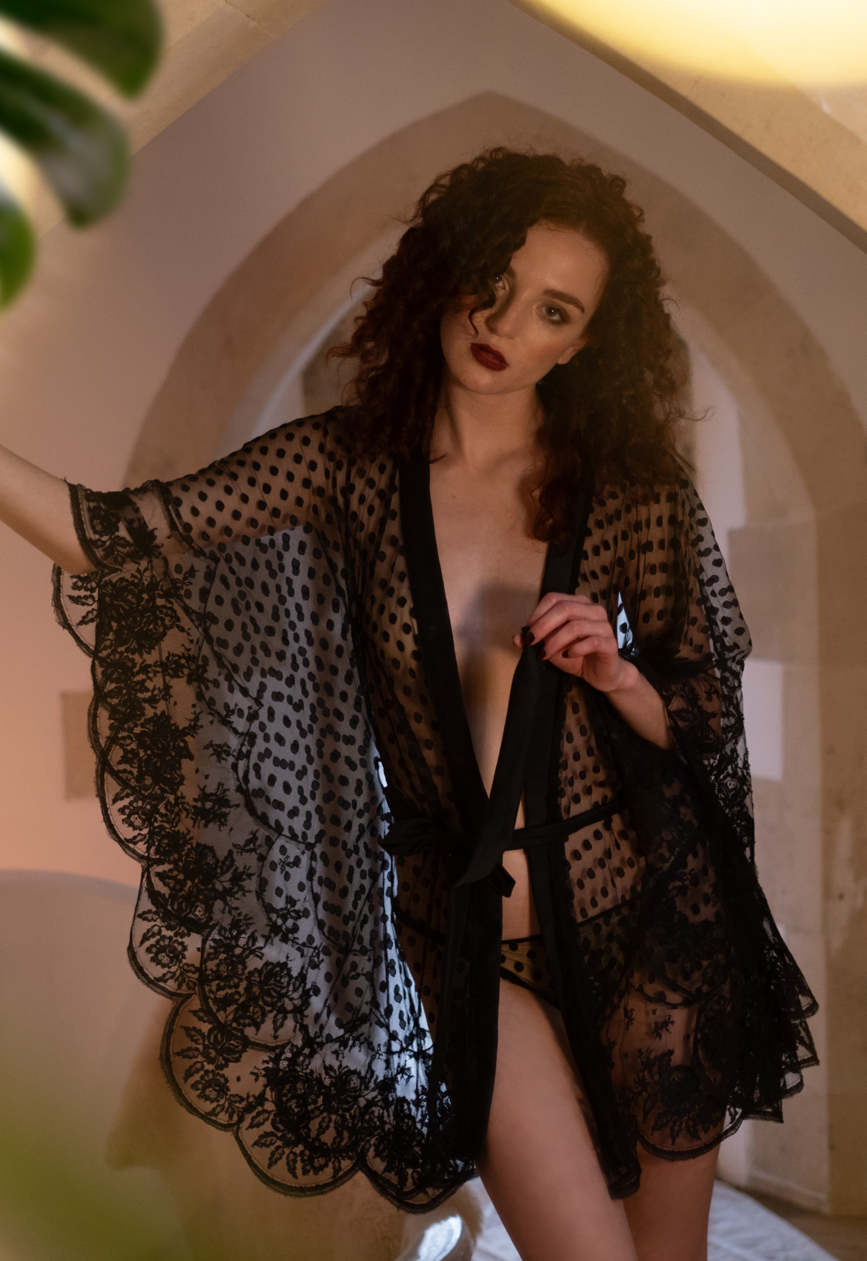 Iris Spot Kimono by Shell Belle in black, front view on model