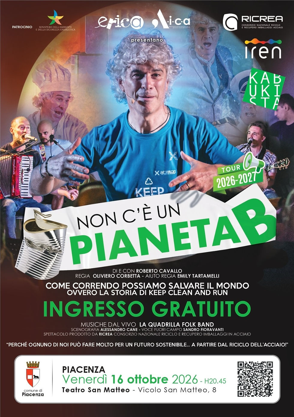 Non c'è un pianeta B di e con Roberto Cavallo, Venerdì 16 ottobre 2026 ore 20.45 Teatro San Matteo Piacenza. Kabukista teatro, Comune di Piacenza, Iren.
