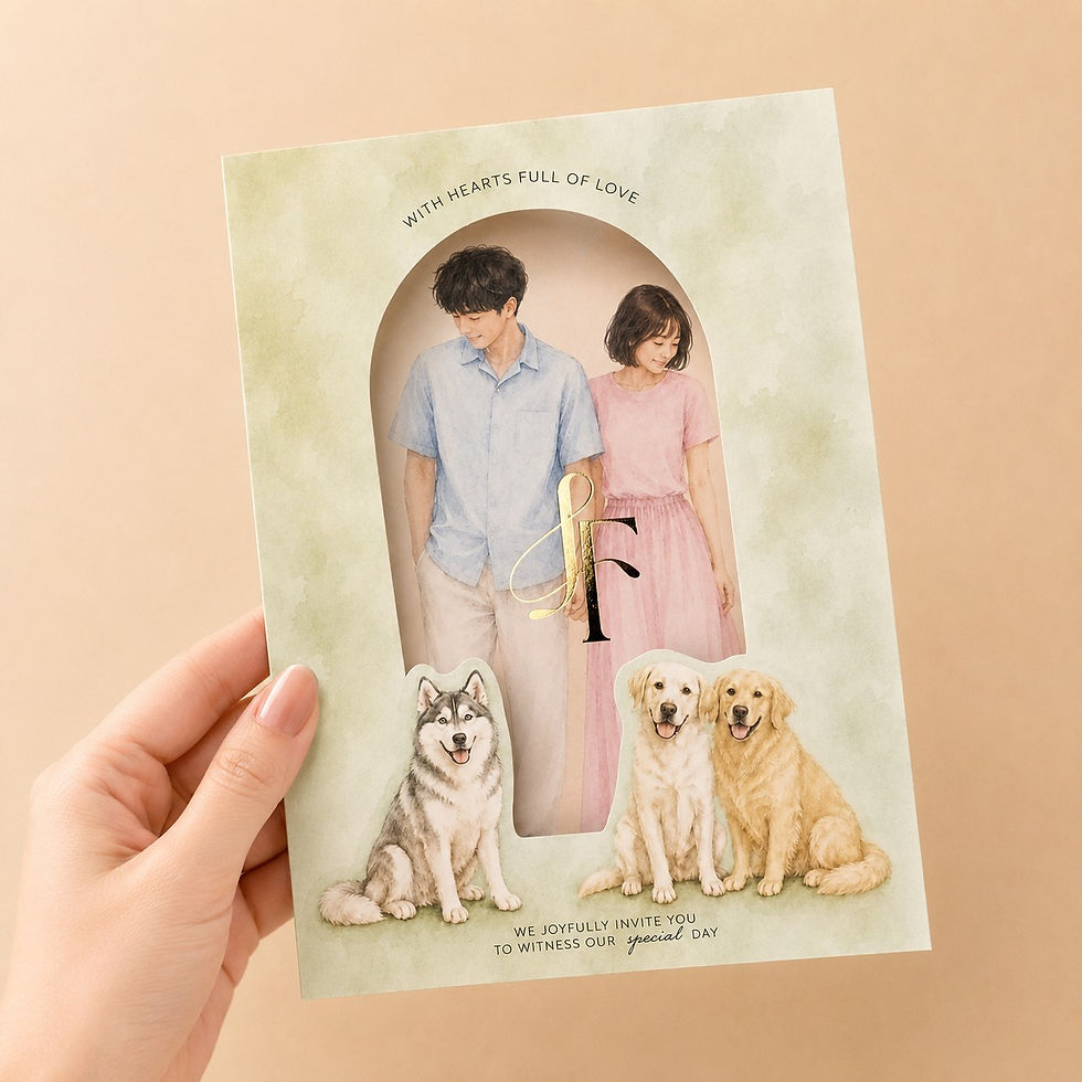 Thumbnail: Custom Pet Family Fold-Out Wedding Invitation with Die-Cut Window and Gold Foil