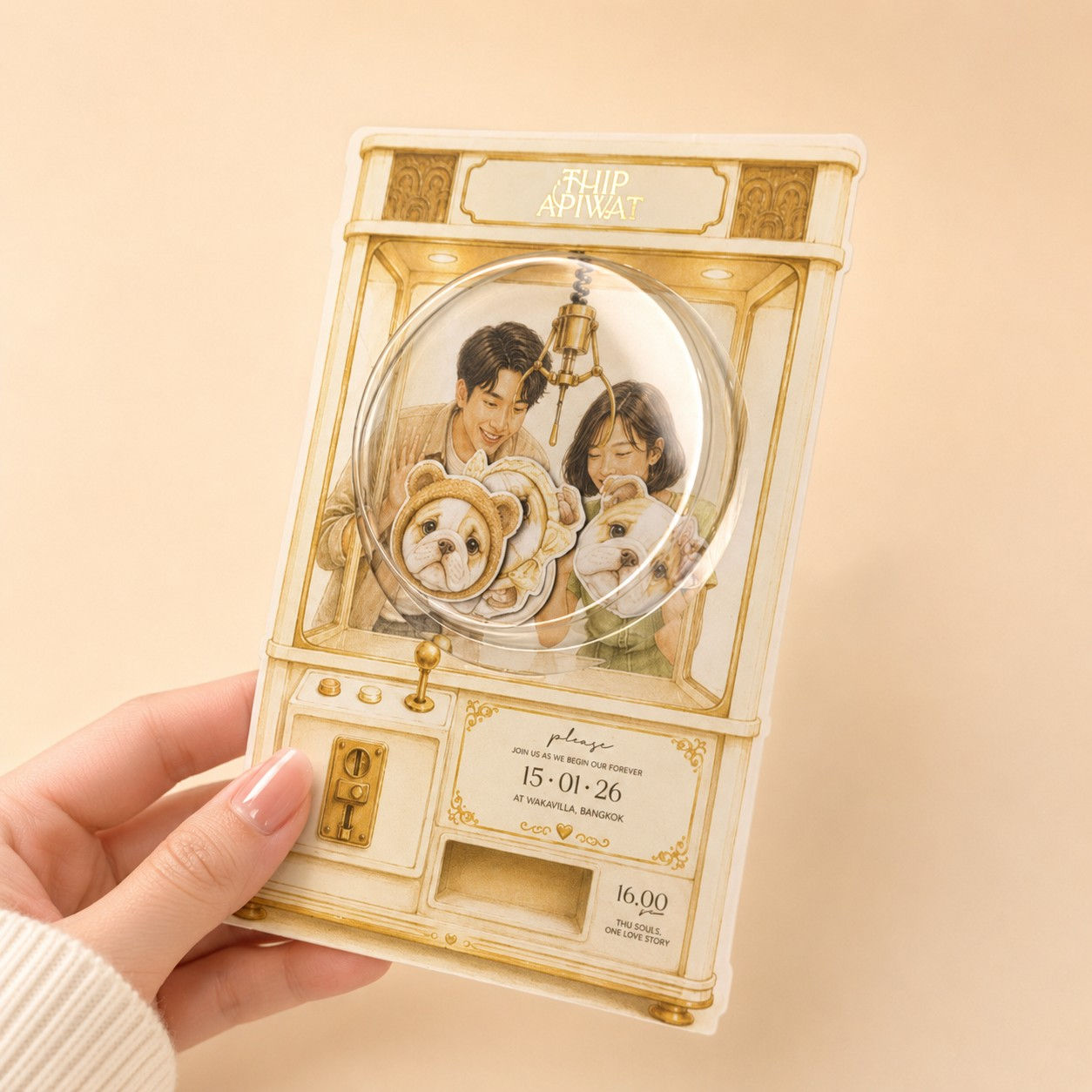 3D Pet Claw Machine Wedding Invitation | Interactive Shaker-Style Wedding Card
