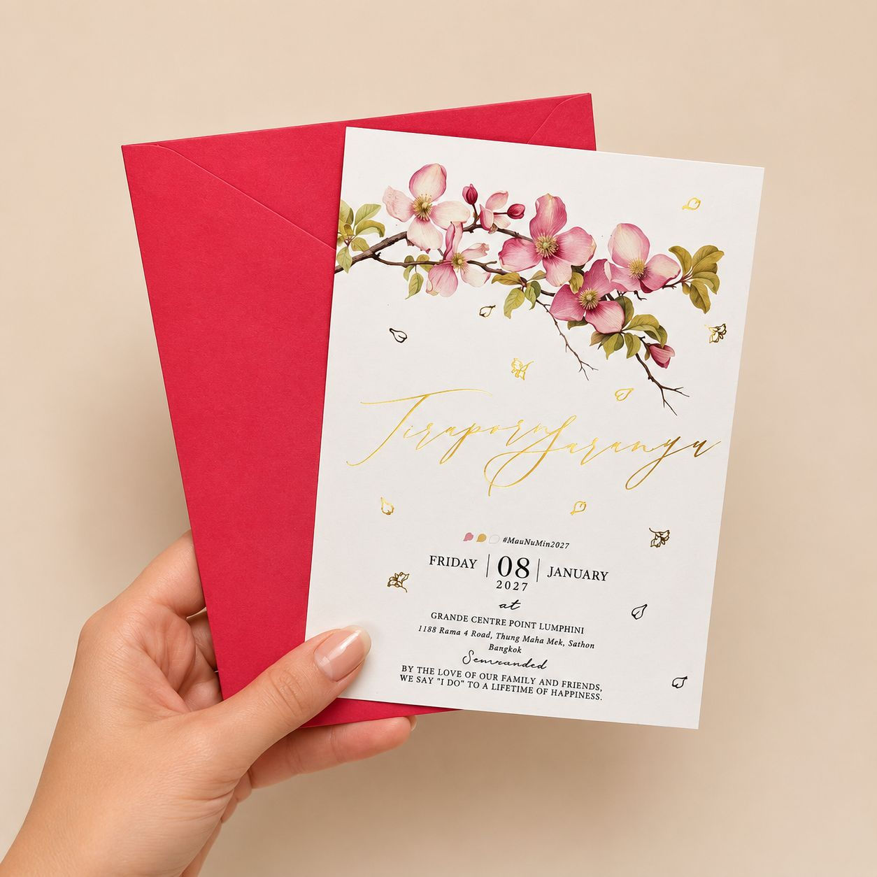 Sakura Floral Wedding Invitation with Gold Foil Petals