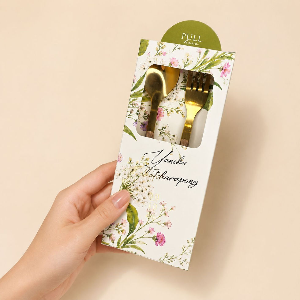 Thumbnail: Gold Spoon & Fork Set with Wooden-Style Handle for Wedding Favors