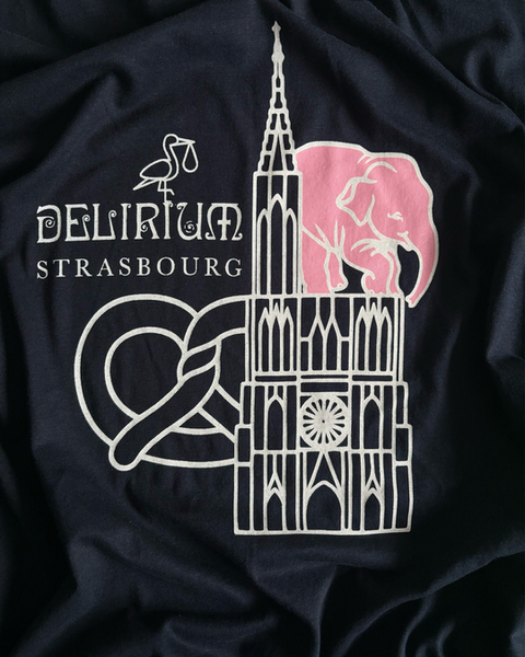 Visuel sur textile noir, cathédrale avec éléphant rose, bretzel et cigogne.