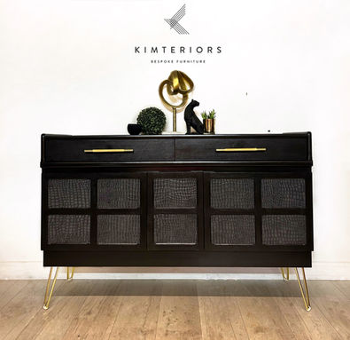Nathan Black Cocktail cabinet/ drinks cabinet/ media sideboard with mock croc  panelling. Hairpin Legs. Painted by Kimteriors based on the Norfolk/ Cambridgeshire/ Lincolnshire border. 
