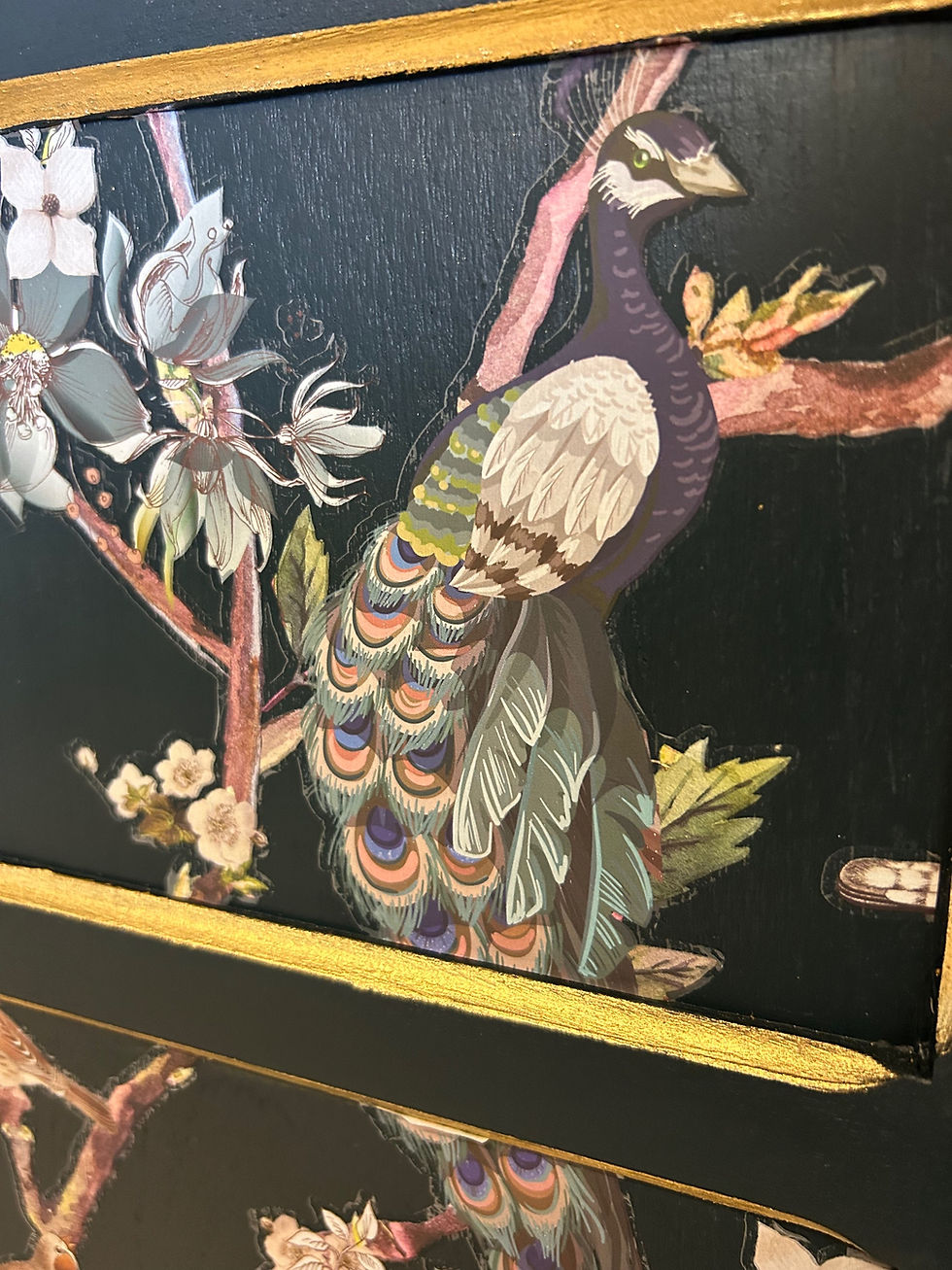 Thumbnail: Angled view of teal blue Nathan sideboard with gold hairpin legs and decorative bird transfer