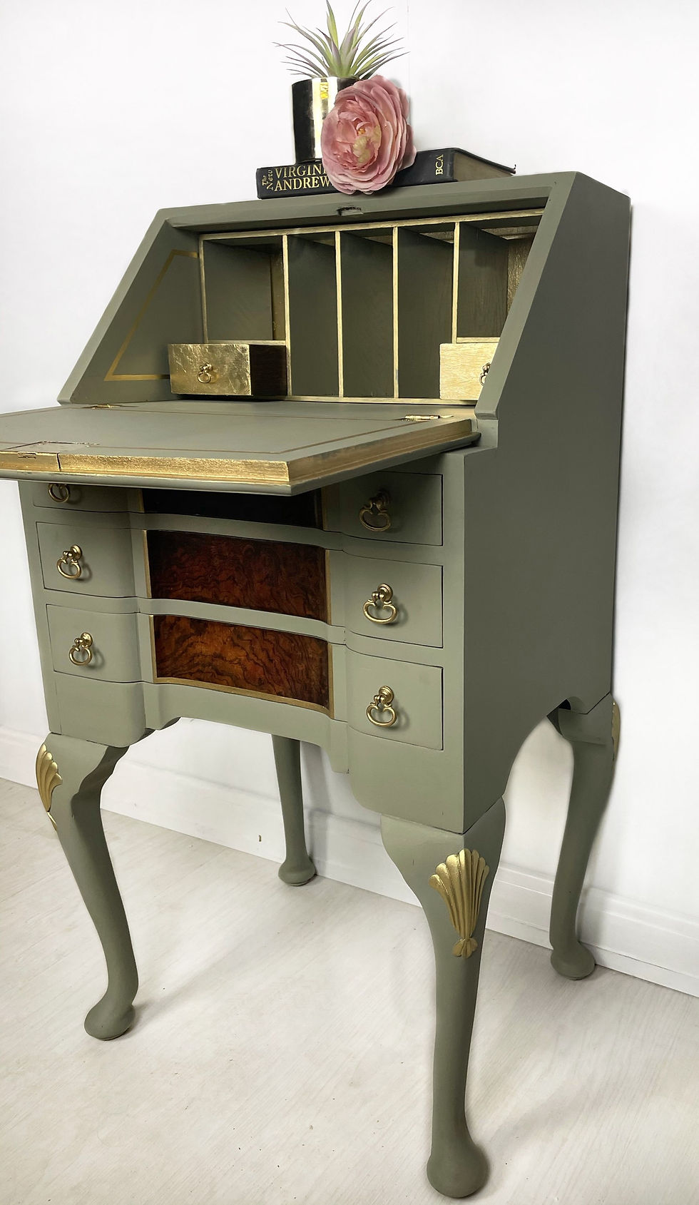Thumbnail: Small Green vintage 3 drawer Walnut Bureau Writing desk childrens desk.furniture norfolk cambridgeshire