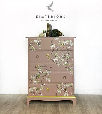 To say I am a little bit I love with this one is an understatement. Since creating this on the smaller pieces we’ve had our eye in creating it on the larger tallboy and it hasn’t disappointed.

Painted in the gorgeous Fusion Mineral Paint Damask and finished with gold Re·design with Prima Cherry Blossom moulds. The original handles have been cleaned to reveal their original gorgeous brass colour.

Four drawers and 3 smaller central drawers ensure that there is plenty of storage for all those clothes and beauty products.