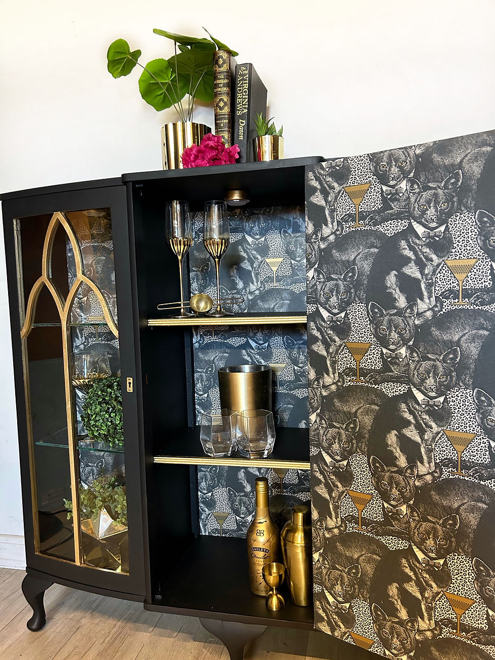 Thumbnail: Art Deco Style Cat display cabinet, drinks cabinet, cocktail cabinet, in black and gold with cattitude wallpaper