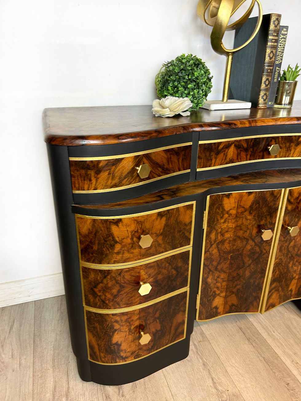 Thumbnail: art deco sideboard, black and gold sideboard, art deco walnut sideboard, upcycled furniture norfolk