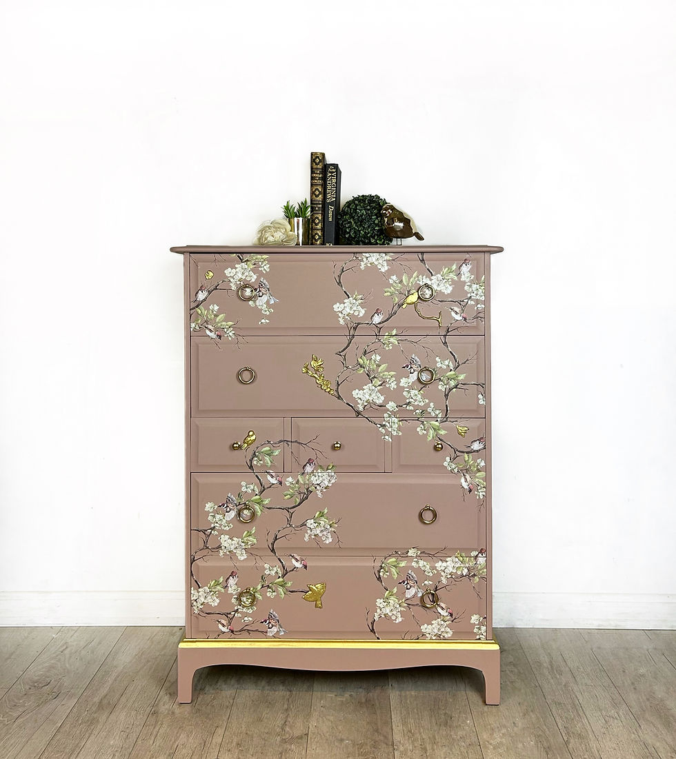 Thumbnail: Stag Minstrel Tallboy in pink and gold chest of drawers, blossom flight, 7 drawers, bedroom furniture