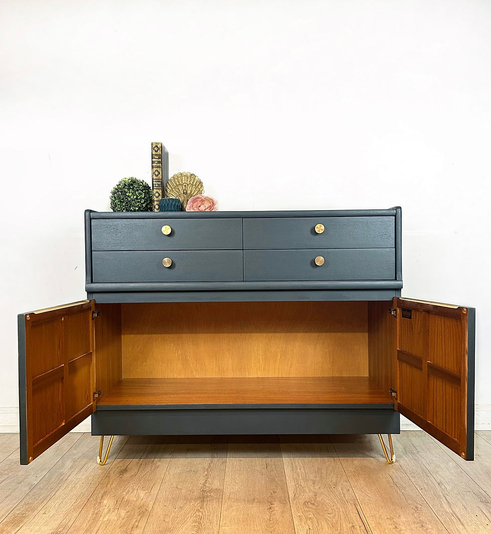 Thumbnail: Close up of gold detailing on blue Nathan sideboard drinks cabinet with gold accents and hairpin legs