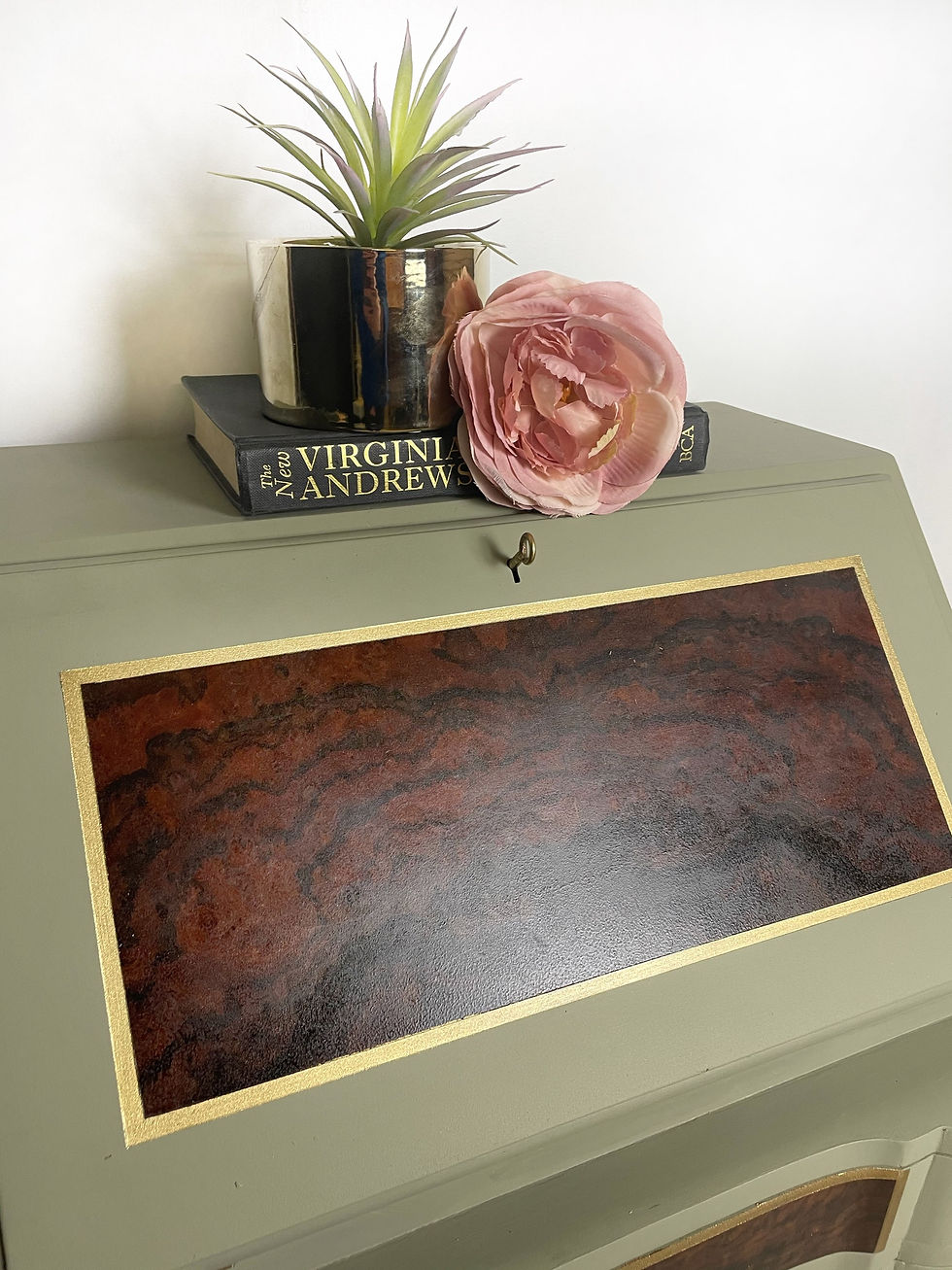 Thumbnail: Small Green vintage 3 drawer Walnut Bureau Writing desk childrens desk.furniture norfolk cambridgeshire