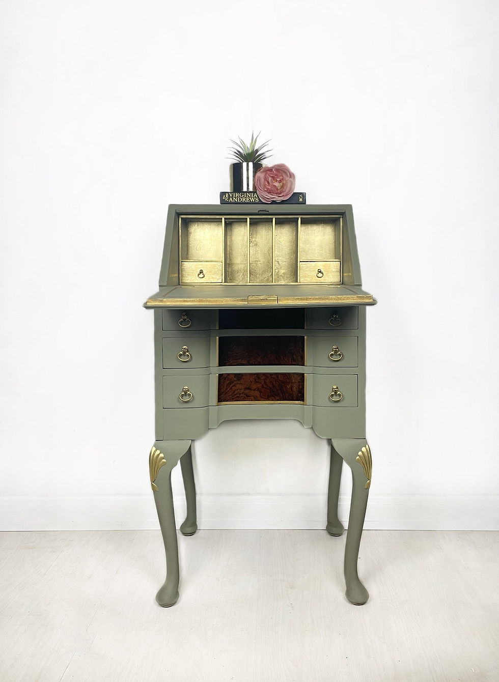 Thumbnail: Small Green vintage 3 drawer Walnut Bureau Writing desk childrens desk.furniture norfolk cambridgeshire
