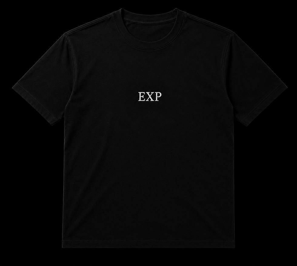 Black t-shirt with EXP printed on the chest
