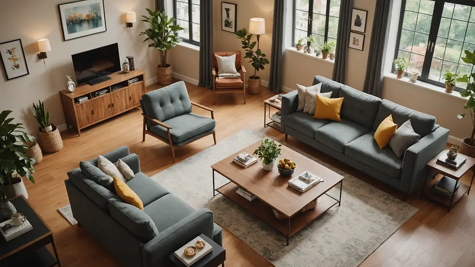 High angle view of an organized living room with stylish décor