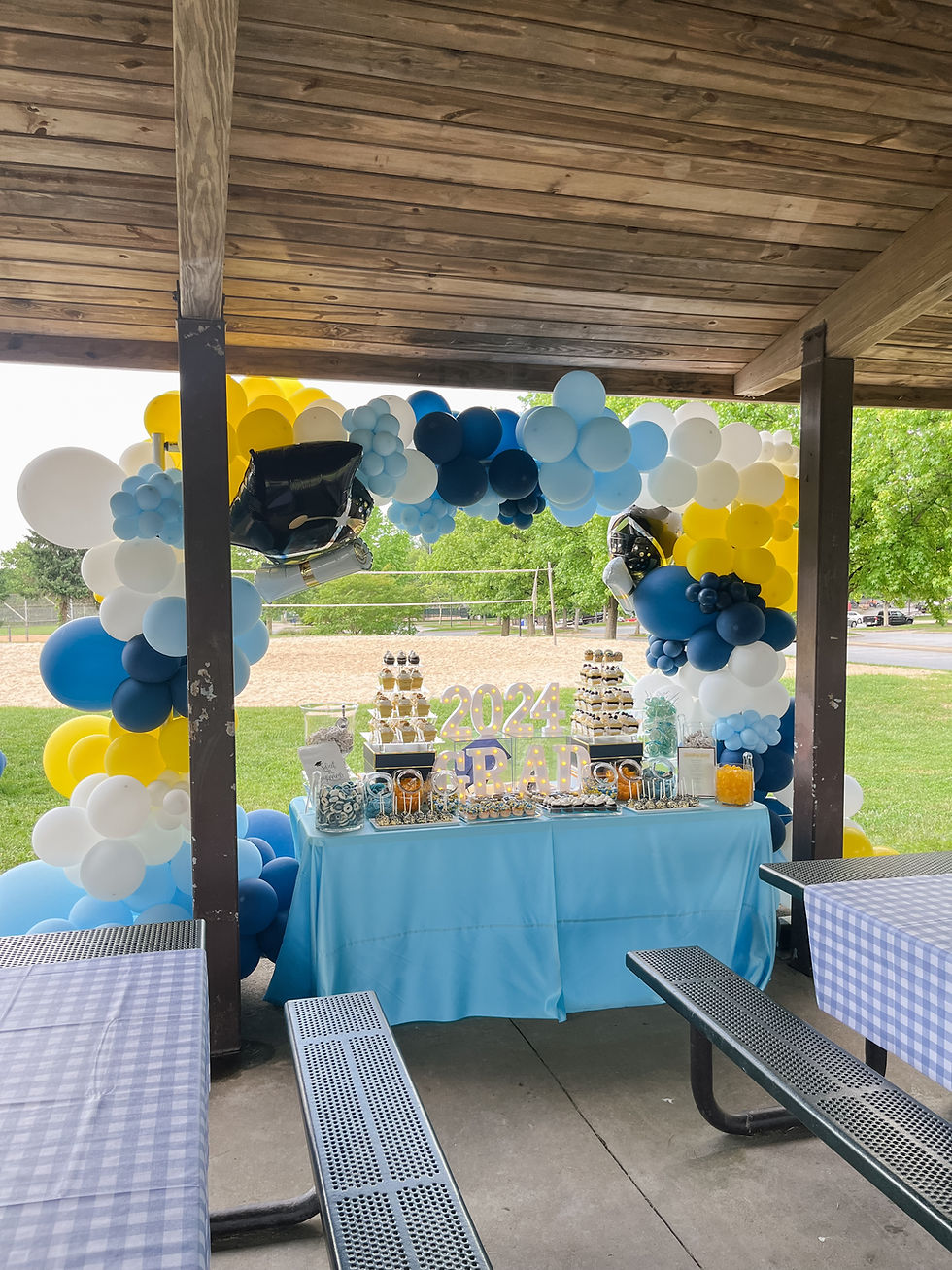 Custom blue, white and yellow graduation party dessert table