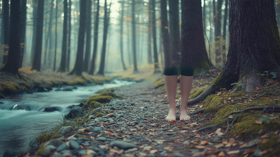 Close-up view of a person’s feet walking on a forest trail